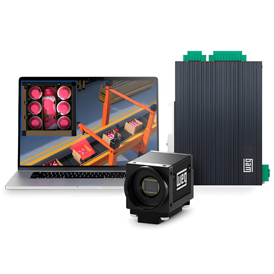 Câmera industrial WEG, controlador de visão e notebook com o software de inspeção